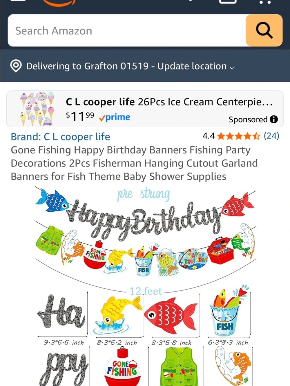 Cooper life gone fishing birthday black Glitter Party banners set of two bn